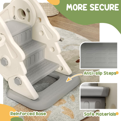 Qaba 3 in 1 Toddler Slide, Foldable Kids Slide with Basketball Hoop, Climber, Anti-Slide Step for Ages 2-5, Cream White
