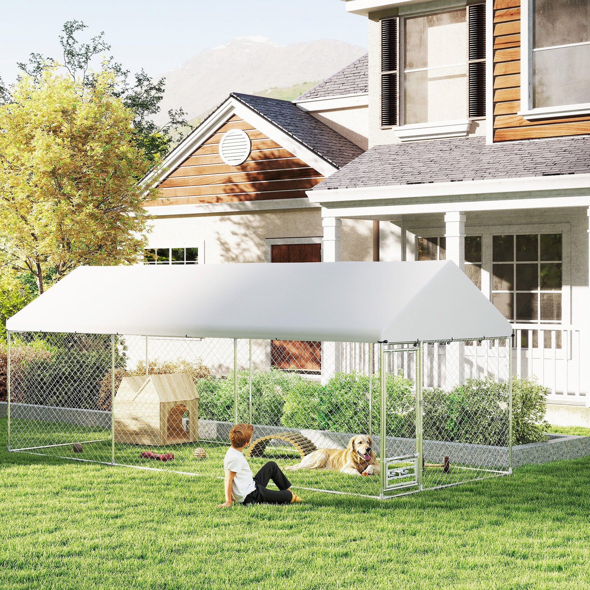 Outdoor Dog Run with Adjustable & Rotatable Bowls, Waterproof UV-Resistant Cover, Escape-Proof Lock, 19.7' x 7.5' x 7.5'