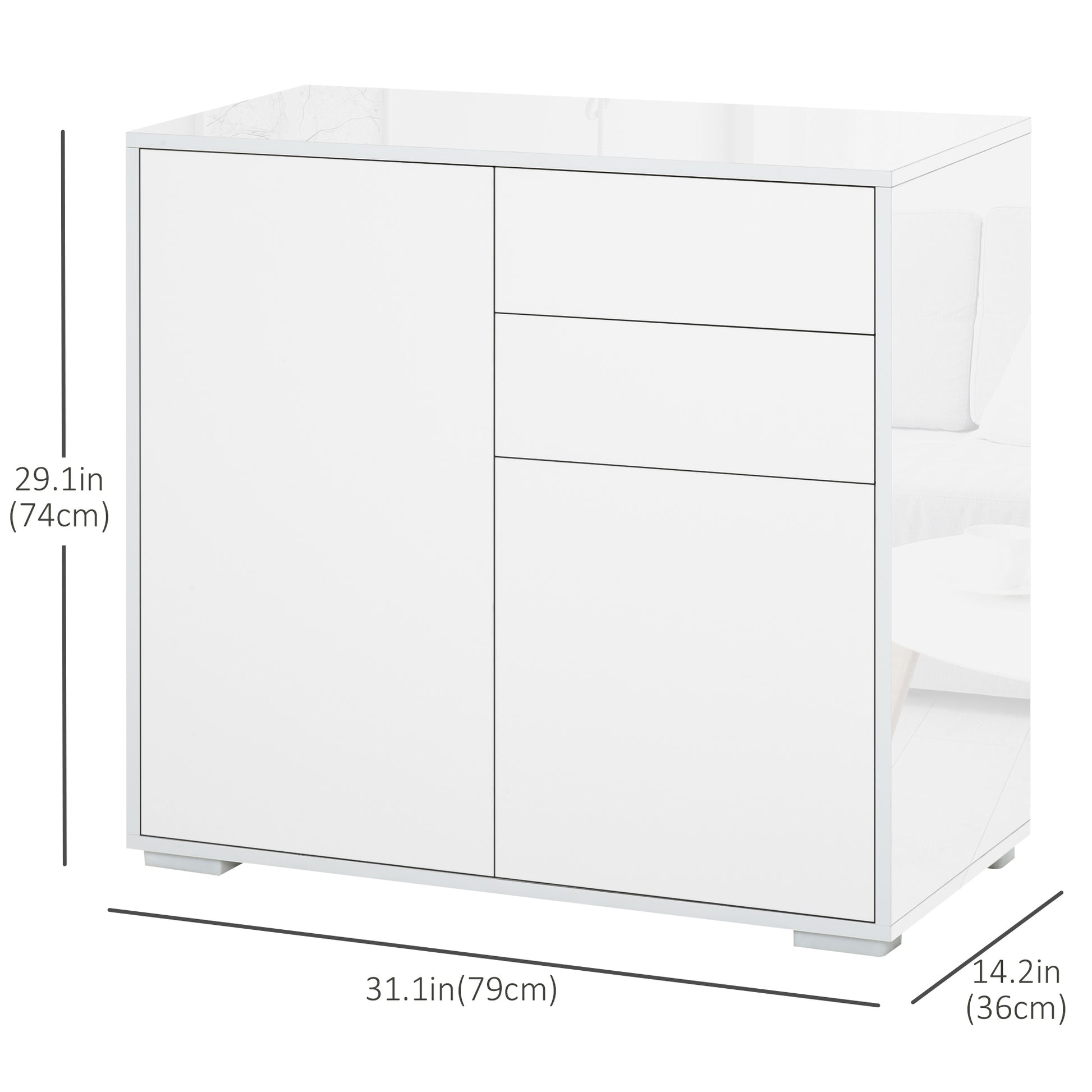 High Gloss Buffet Sideboard with 2 Drawers, 2 Doors and Adjustable Shelf, Kitchen Storage Cabinet with Push Open Design, White