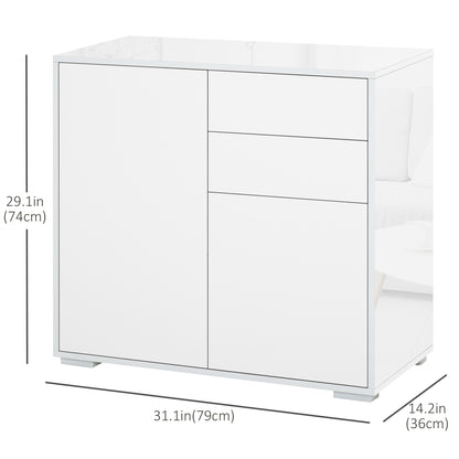 High Gloss Buffet Sideboard with 2 Drawers, 2 Doors and Adjustable Shelf, Kitchen Storage Cabinet with Push Open Design, White