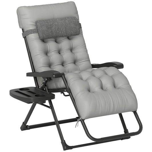 Padded Folding Recliner Chair, Patio Lounger with Cupholder, Adjustable Backrest, Removable Cushion, Grey