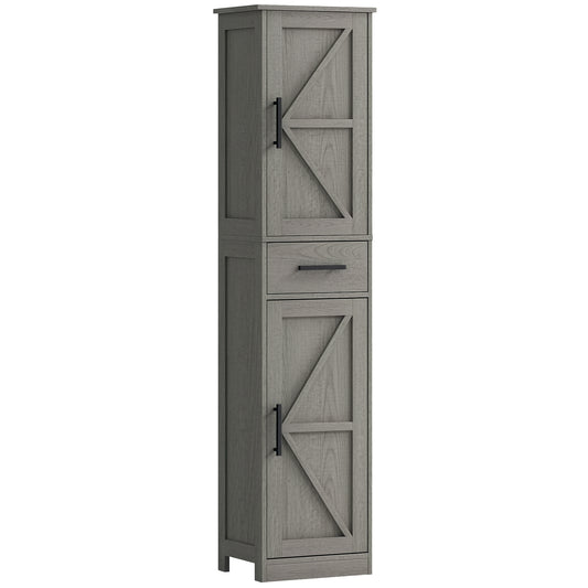 67" Tall Bathroom Cabinet, Narrow Bathroom Storage Cabinet with Drawer, Barn Doors and Adjustable Shelves, Dark Grey