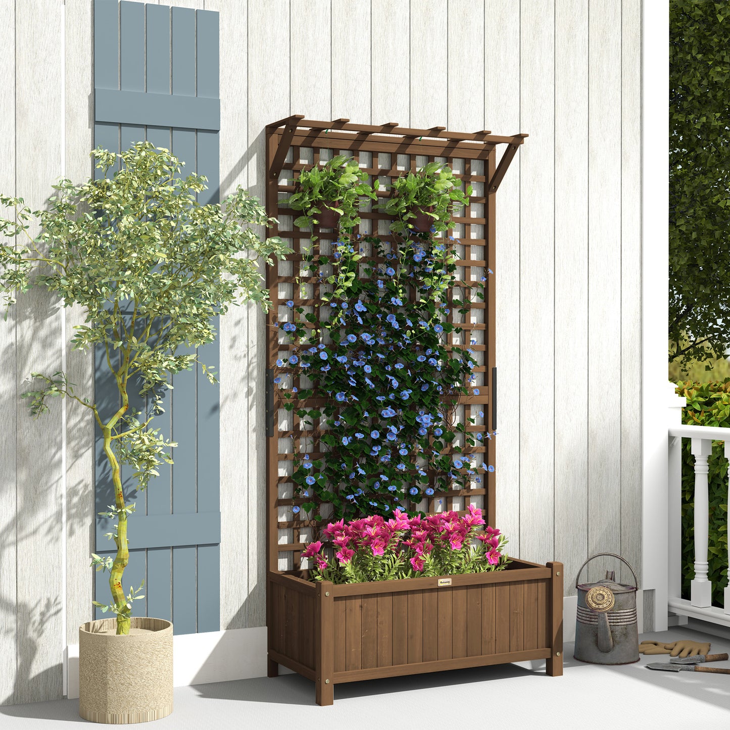 Wood Planter with Trellis for Vine Climbing, Raised Garden Bed, Privacy Screen for Backyard, Patio, Deck, Coffee