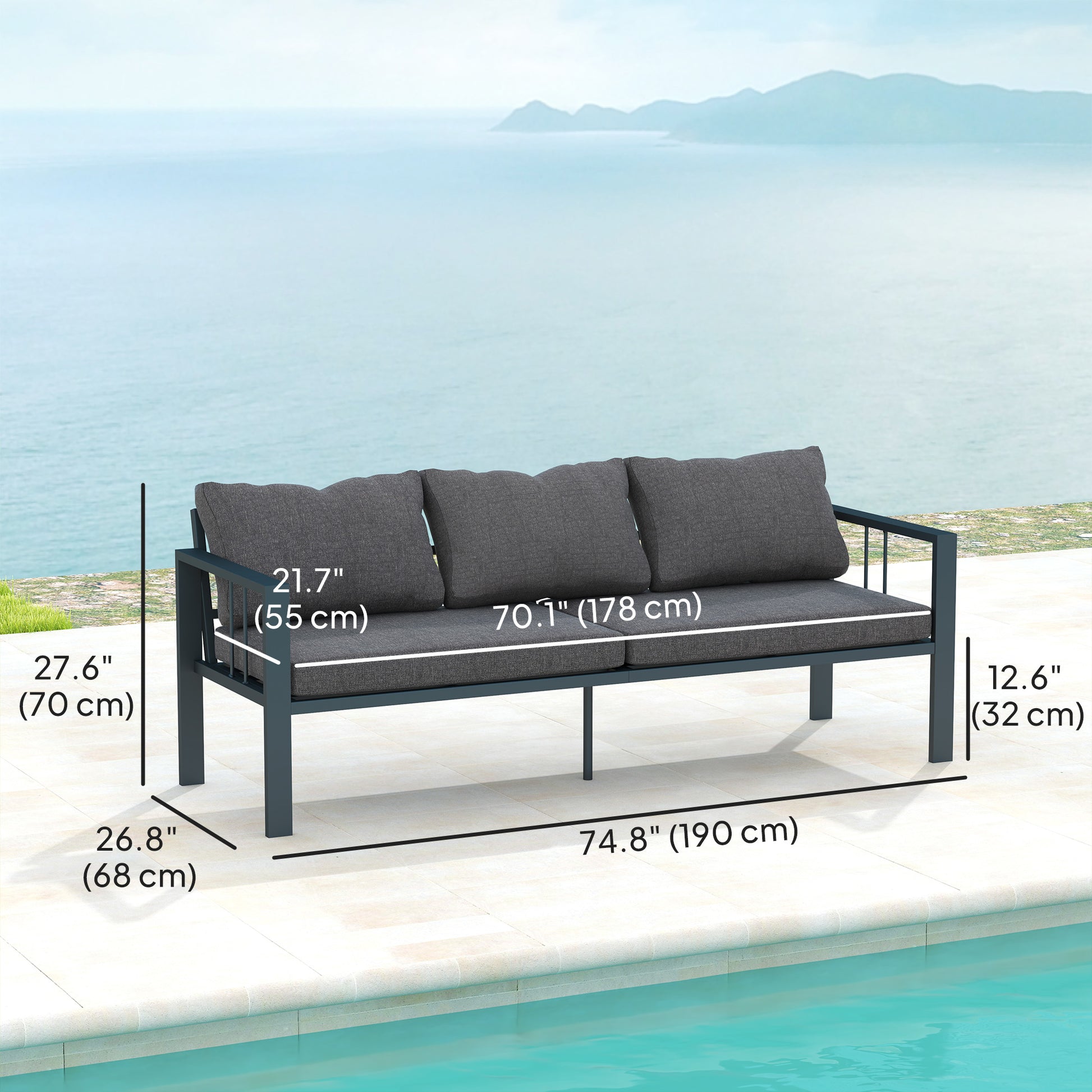 3-Seat Aluminum Outdoor Couch Patio Sofa with Cushions, Wide Seat, Armrests for Garden, Backyard, Balcony, Dark Grey