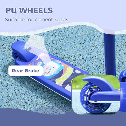 Qaba 3 Wheel Kids Scooter, Toddler Kick Scooter with Adjustable Height, Rear-Fender Brake, LED Light, TPE Handlebar, Blue