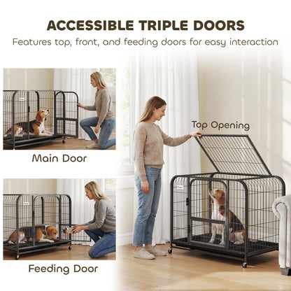 37 Inch Heavy Duty Dog Crate, Large Metal Dog Cage with Lockable Wheels and Removable Tray