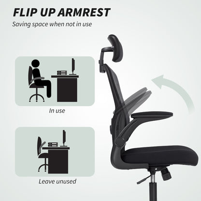 Ergonomic Office Chair, Mesh Desk Chair with Adjustable Headrest, Lumbar Support and Height, Flip-Up Armrests, Black