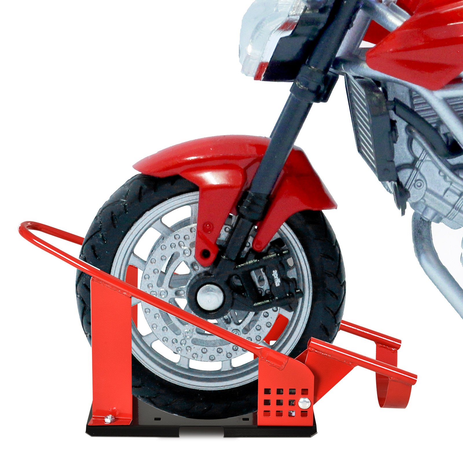 Motorcycle Wheel Chock with 12 Adjustable Pre-Drilled Holes, 990 lbs Capacity, Red
