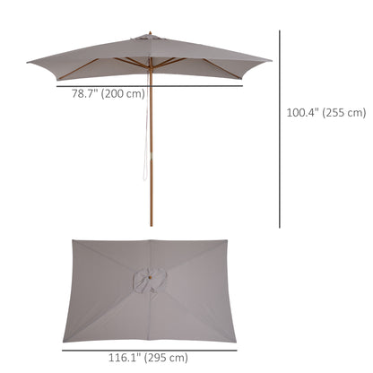 7' x 10' Wooden Patio Umbrella, Rectangle Garden Parasol, Outdoor Sunshade Canopy with Bamboo Ribs for Garden, Grey