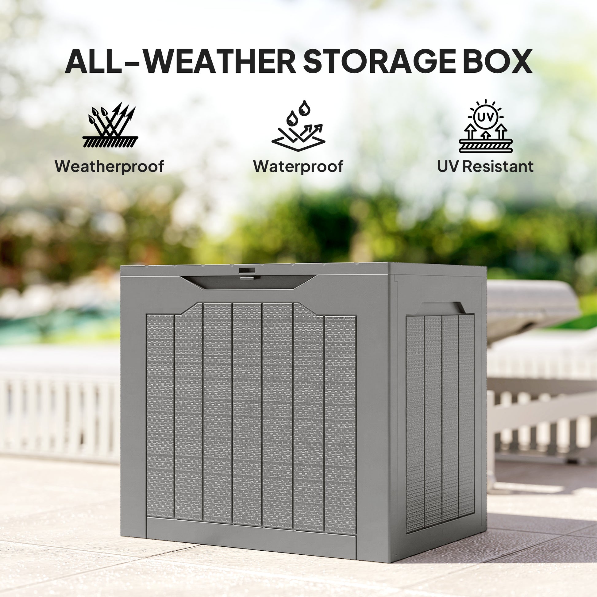 28 Gallon Deck Box, Resin Outdoor Storage Box with Handles, Waterproof and UV Resistant Storage Container