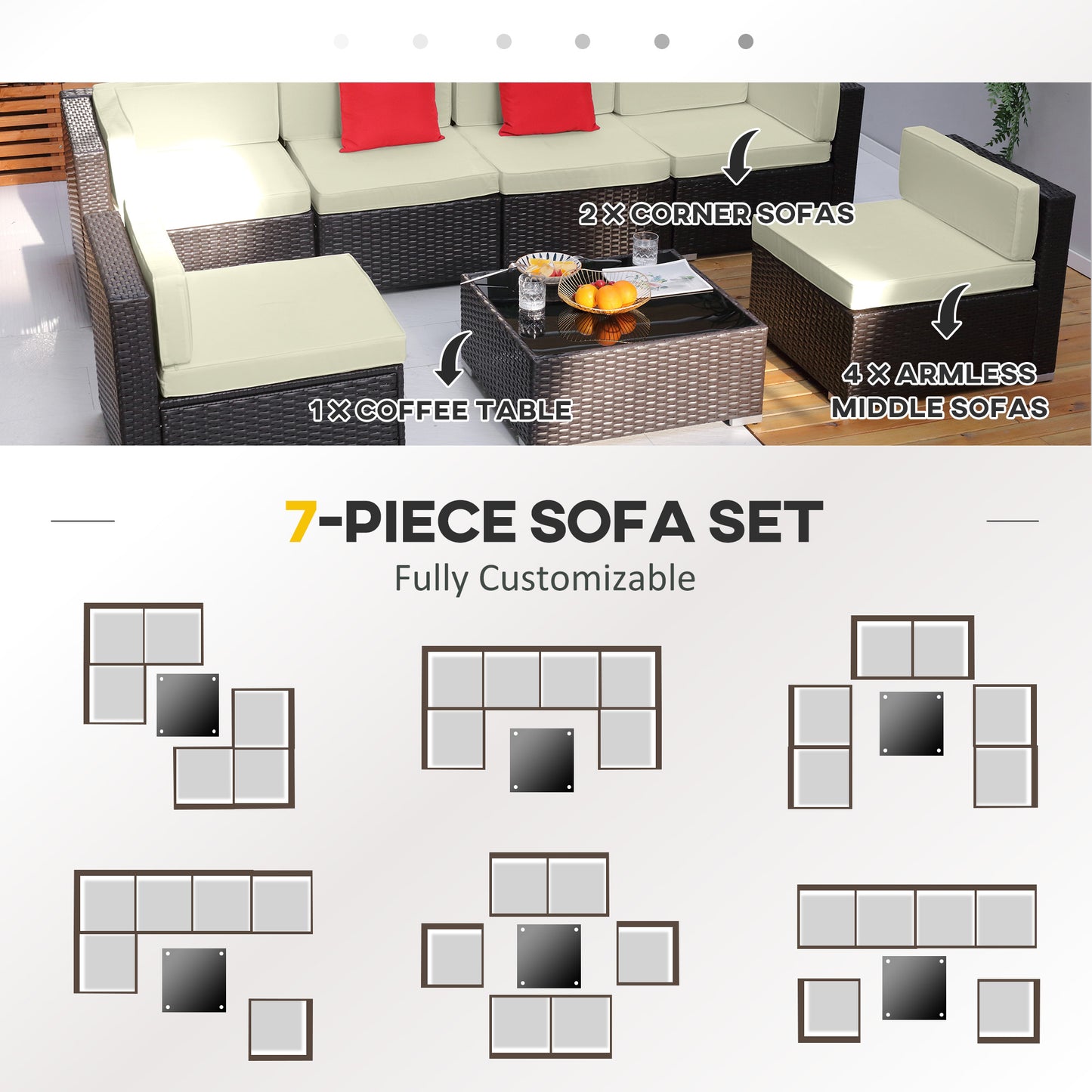 7 Pieces Patio Sofa Outdoor Wicker Sectional Patio Furniture, Dark Brown & Beige
