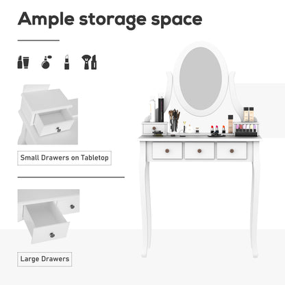 Wooden Vanity Table Set, Makeup Dressing Table with 360° Rotating, 5 Drawers and Padded Stool, White