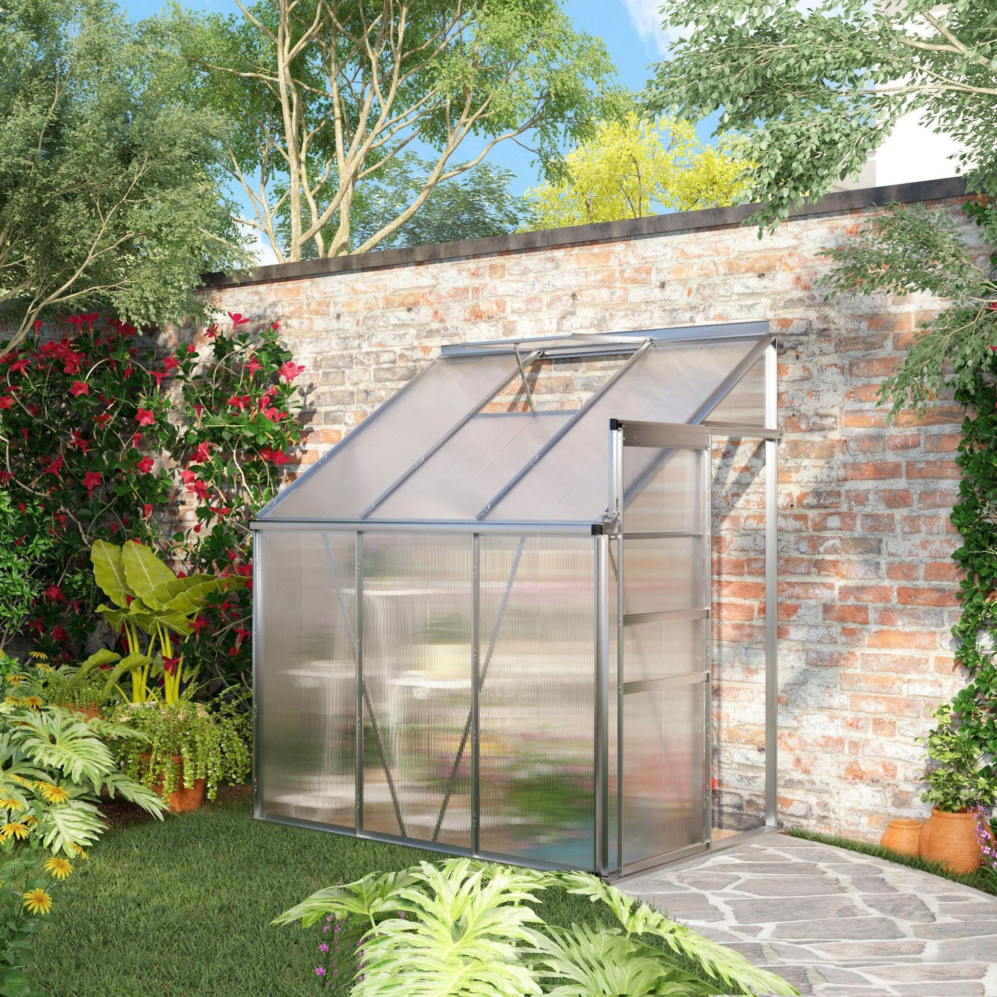 6' x 4' Aluminum Lean-to Greenhouse Polycarbonate Walk-in Garden Greenhouse with Adjustable Roof Vent, Rain Gutter and Sliding Door for Winter, Clear