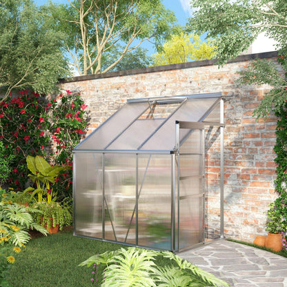 6' x 4' Aluminum Lean-to Greenhouse Polycarbonate Walk-in Garden Greenhouse with Adjustable Roof Vent, Rain Gutter and Sliding Door for Winter, Clear