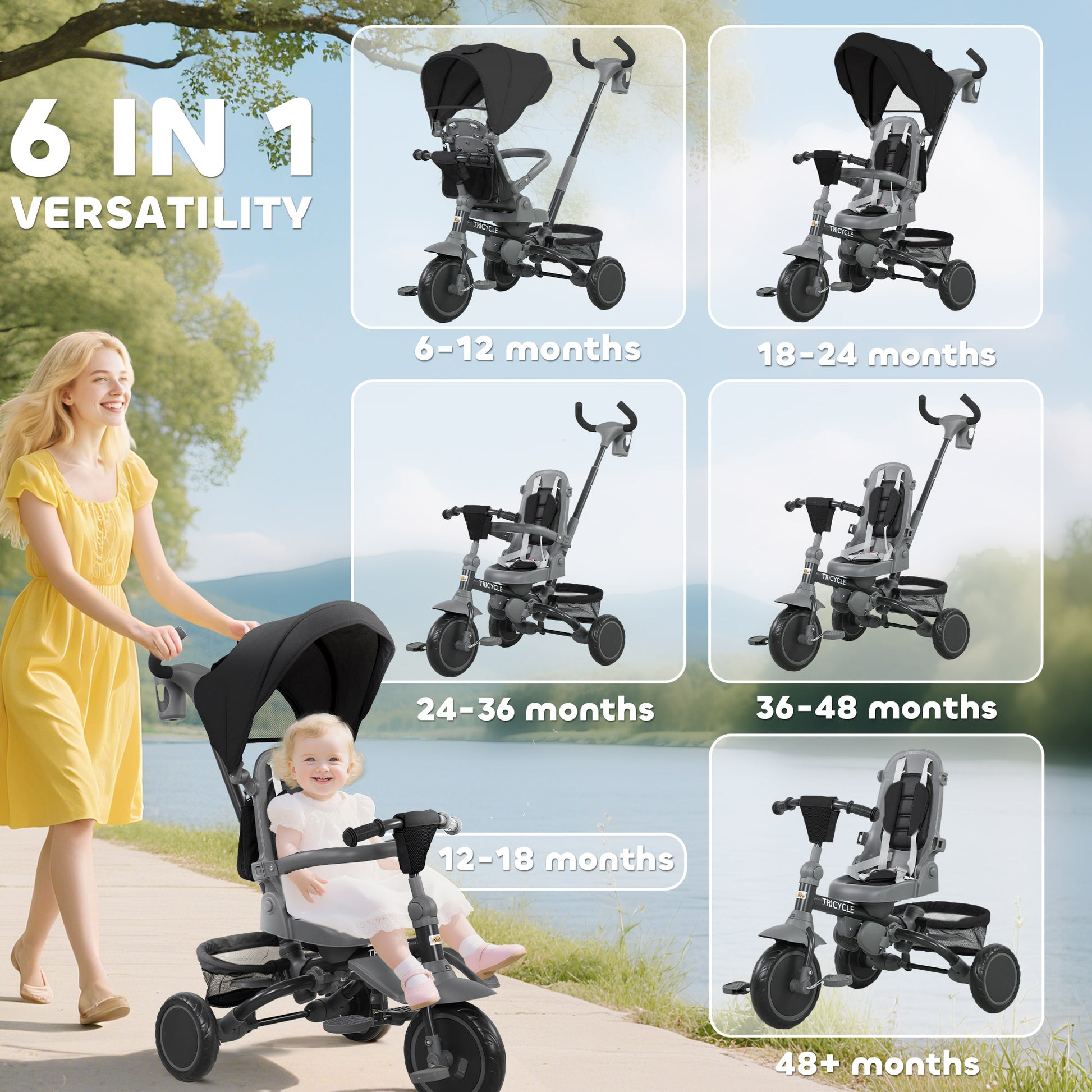 Qaba 6 in 1 Toddler Tricycle for 1-5 Years Old with Push Handle, Removable Canopy, Rotatable Seat, Black