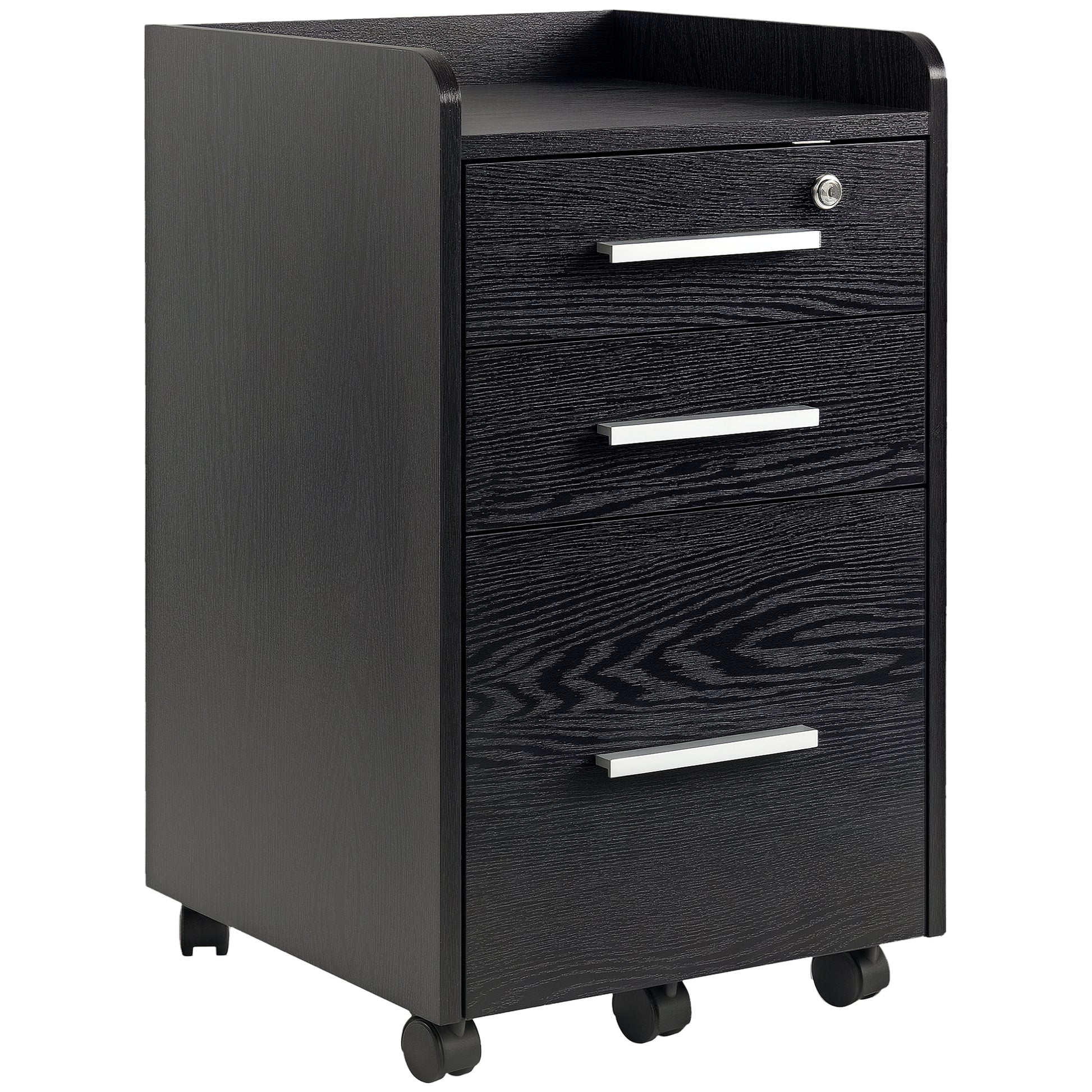 3 Drawer File Cabinet with Lock and Edged Top, Lockable Filing Cabinet on Wheels for Letter and A4 Size, Black