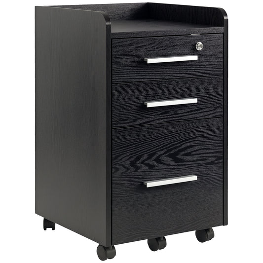 3 Drawer File Cabinet with Lock and Edged Top, Lockable Filing Cabinet on Wheels for Letter and A4 Size, Black
