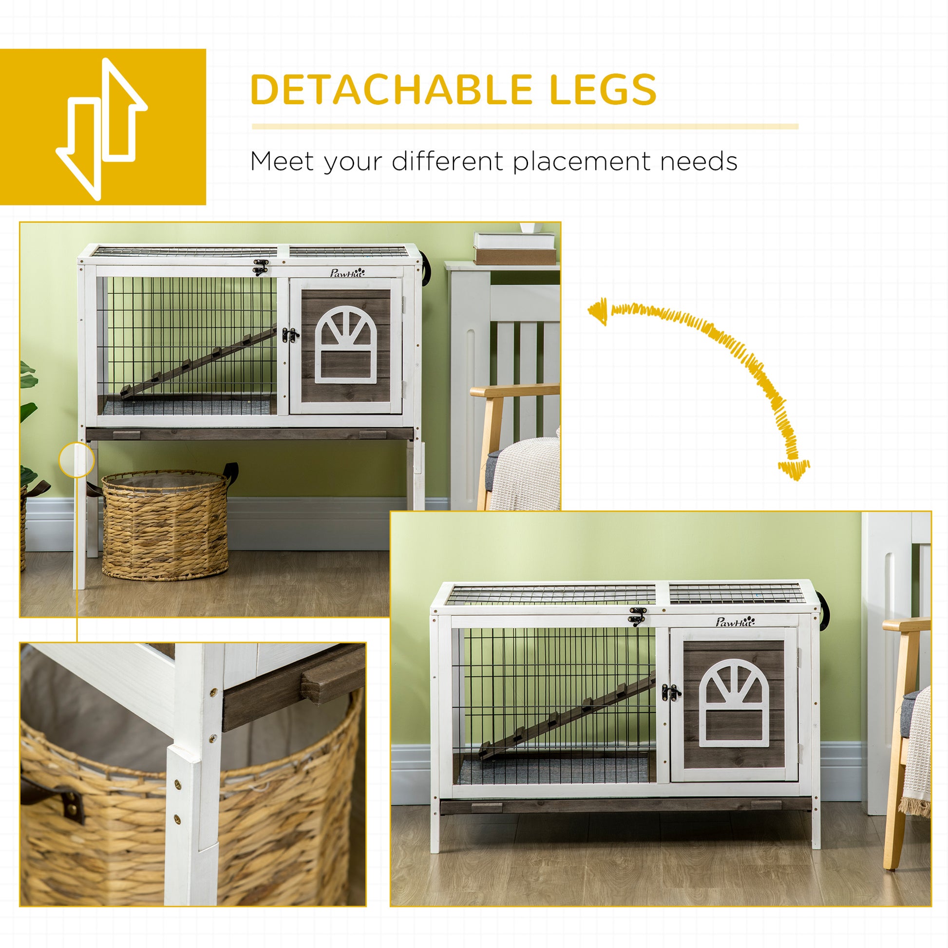 Rabbit Hutch Dual-Height Design Bunny House with Run Slide-Out Tray White and Coffee