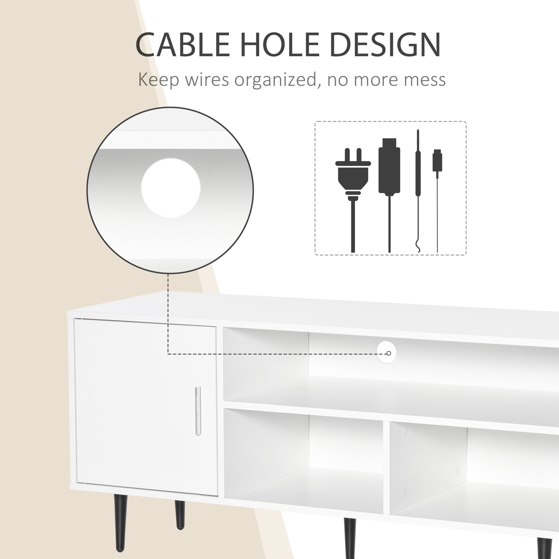 Modern TV Stand Cabinet for TVs up to 60 Inches with Storage Shelf, Cable Hole, Home Entertainment Unit Center, for Living Room Bedroom, White