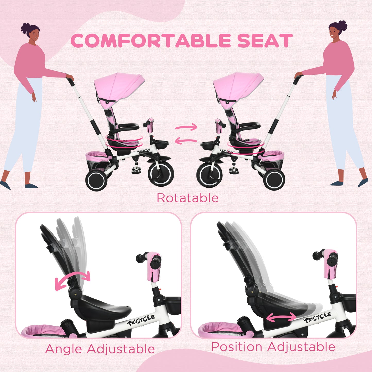 Aosom Tricycle for Toddler 6-in-1 Kids Trike, Foldable Converts Stroller to Baby Push Bike, Adjustable Backrest with Detachable Guardrail & Handle, Brake for 1-4 Years Old, Pink