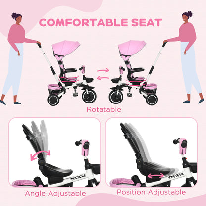 Aosom Tricycle for Toddler 6-in-1 Kids Trike, Foldable Converts Stroller to Baby Push Bike, Adjustable Backrest with Detachable Guardrail & Handle, Brake for 1-4 Years Old, Pink