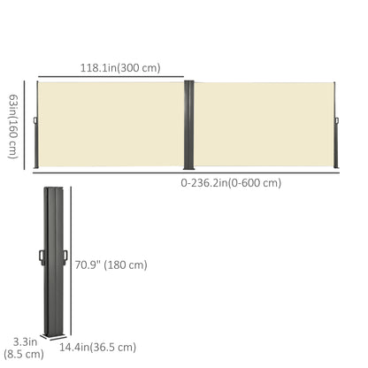 236" x 71" Outdoor Privacy Wall, Double Retractable Side Awning, Patio Screen for Garden, Balcony, Cream White