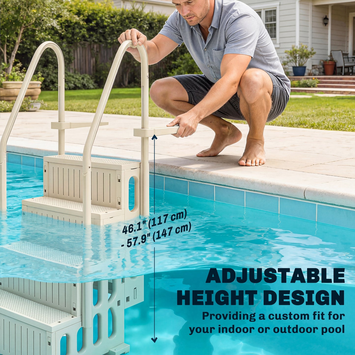 Swimming Pool Ladder Adjustable for Above Ground Pools w/ Non-Slip Steps & Dual Handrails 4-Step Cream White