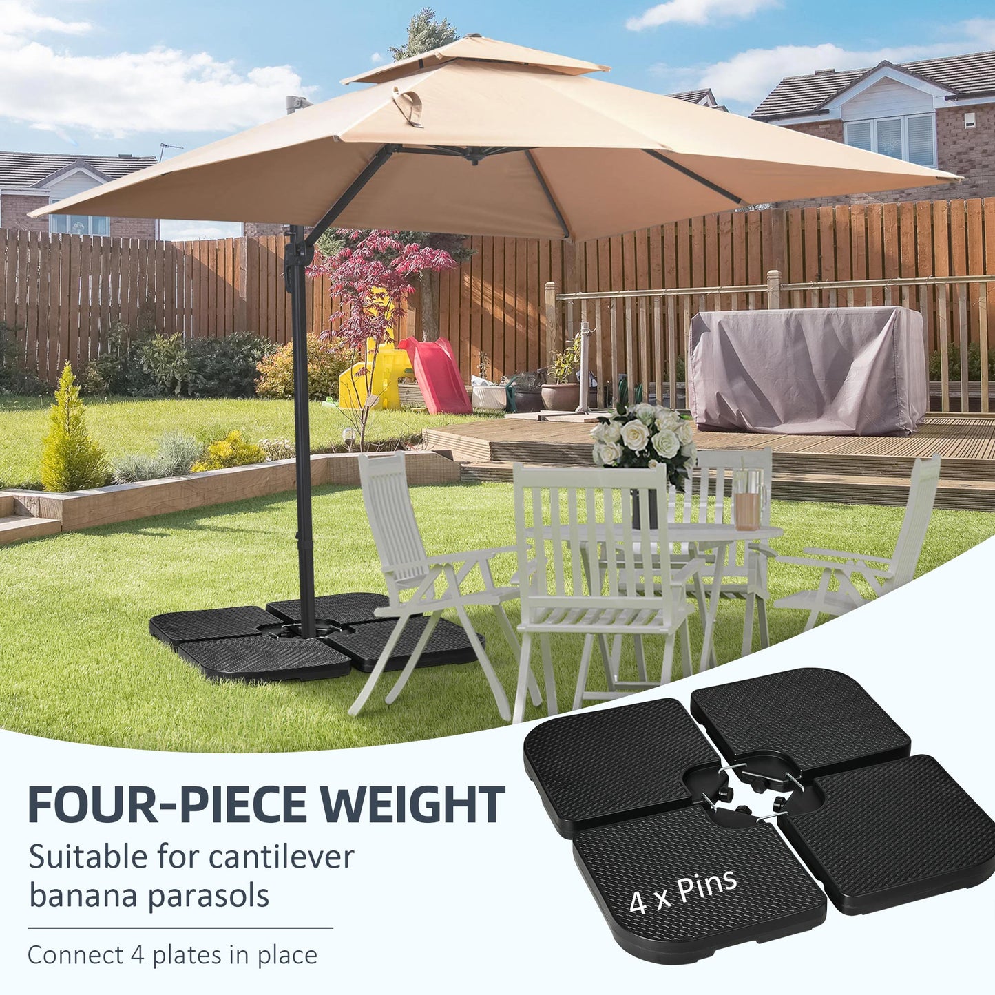 4PCs Cantilever Umbrella Base Weights for Offset Banana Parasol, HDPE Water or Sand Filled Patio Umbrella Weights for Cross Base Stand with Built-in Handles, Black