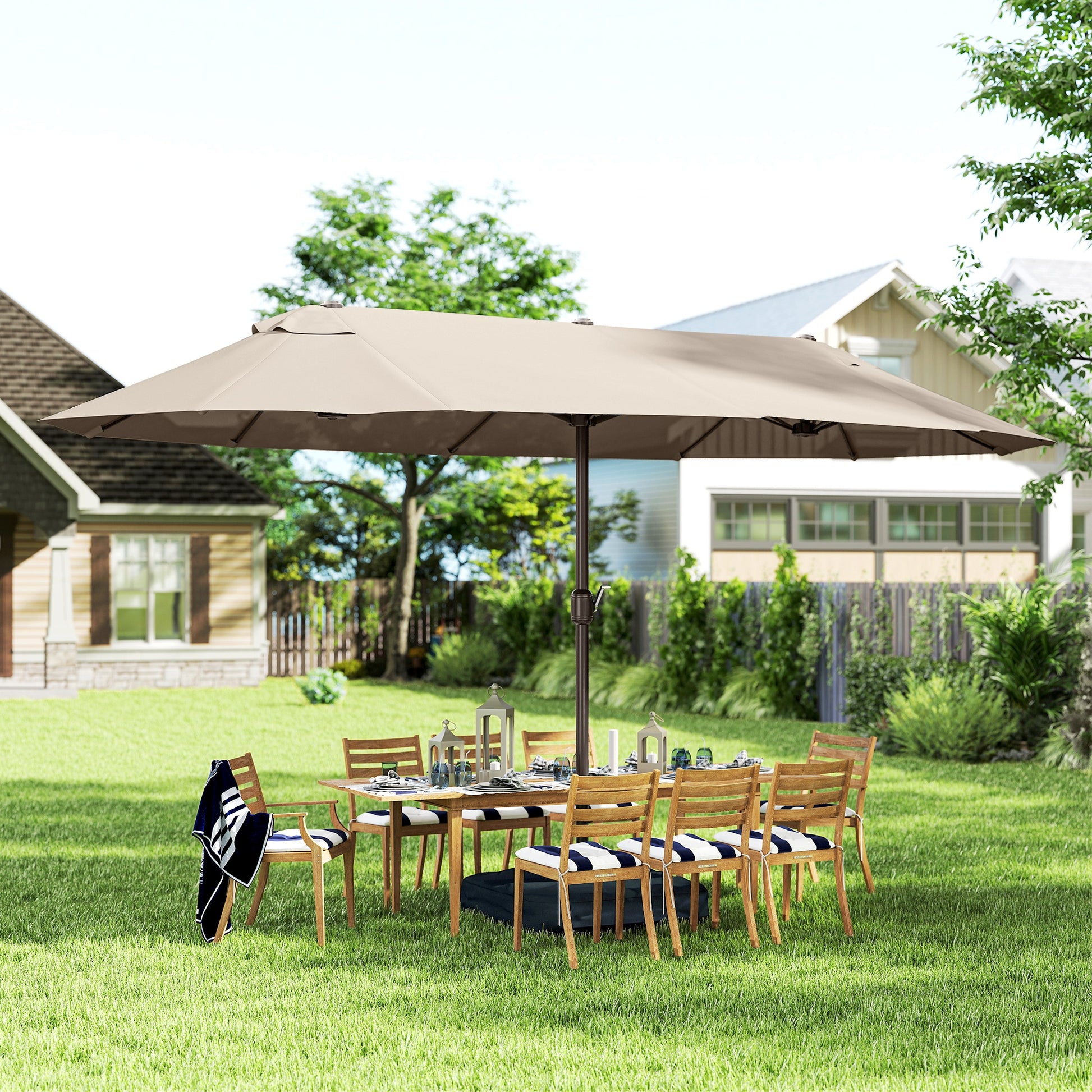 15' Outdoor Patio Umbrella with Twin Canopy Sunshade Steel Table Umbrella with Lift Crank, Cross base, Sandbag, Khaki