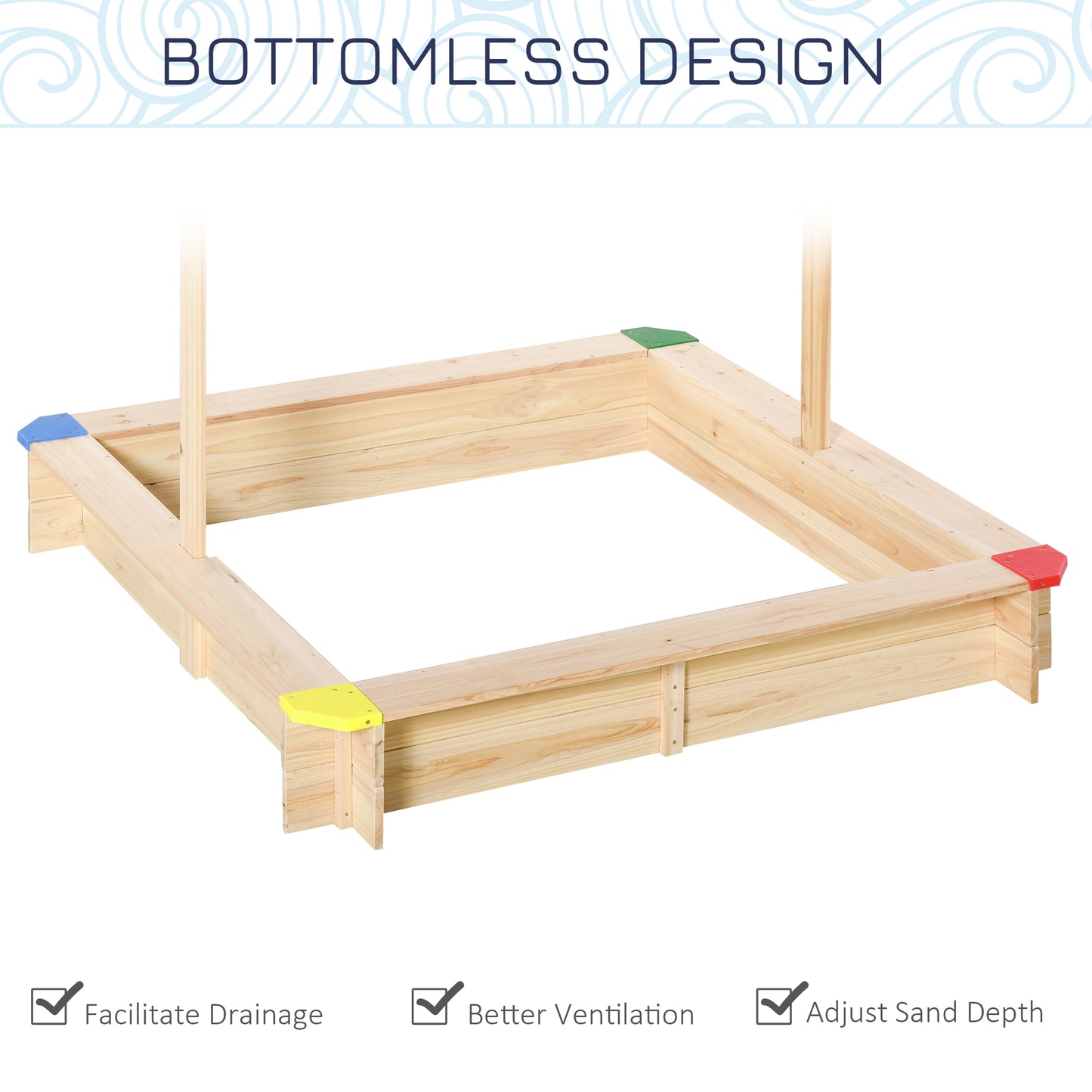Kids Wooden Sandbox with Cover, Play Sand Station for Children Outdoor Sand box, with Seats, for Backyard, Beach, 47" x 47" x 47", Natural