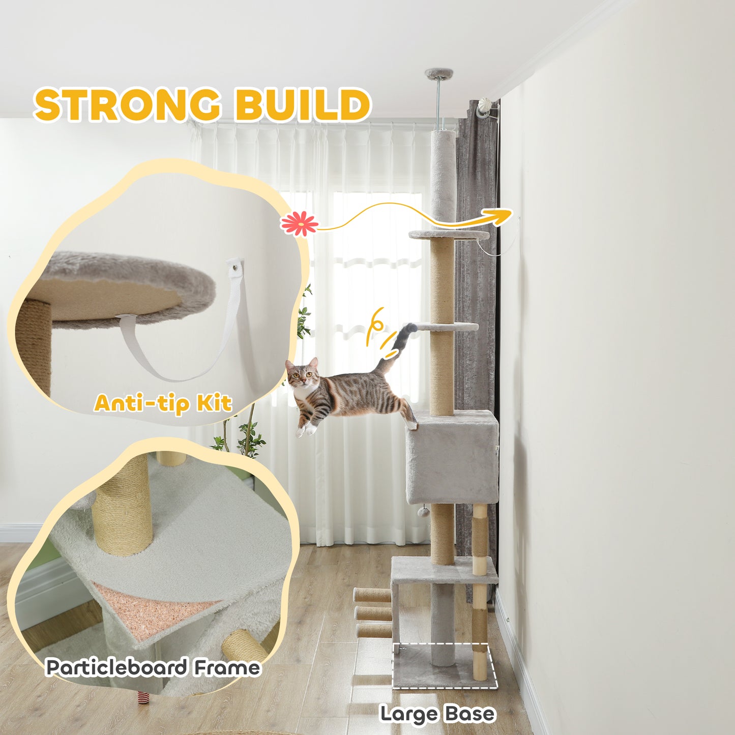 89"-100" Floor to Ceiling Cat Tree w/ Scratching Post, Cat House, 3-Steps, Hanging Ball, Perches, Light Grey