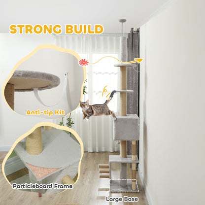 89"-100" Floor to Ceiling Cat Tree w/ Scratching Post, Cat House, 3-Steps, Hanging Ball, Perches, Light Grey