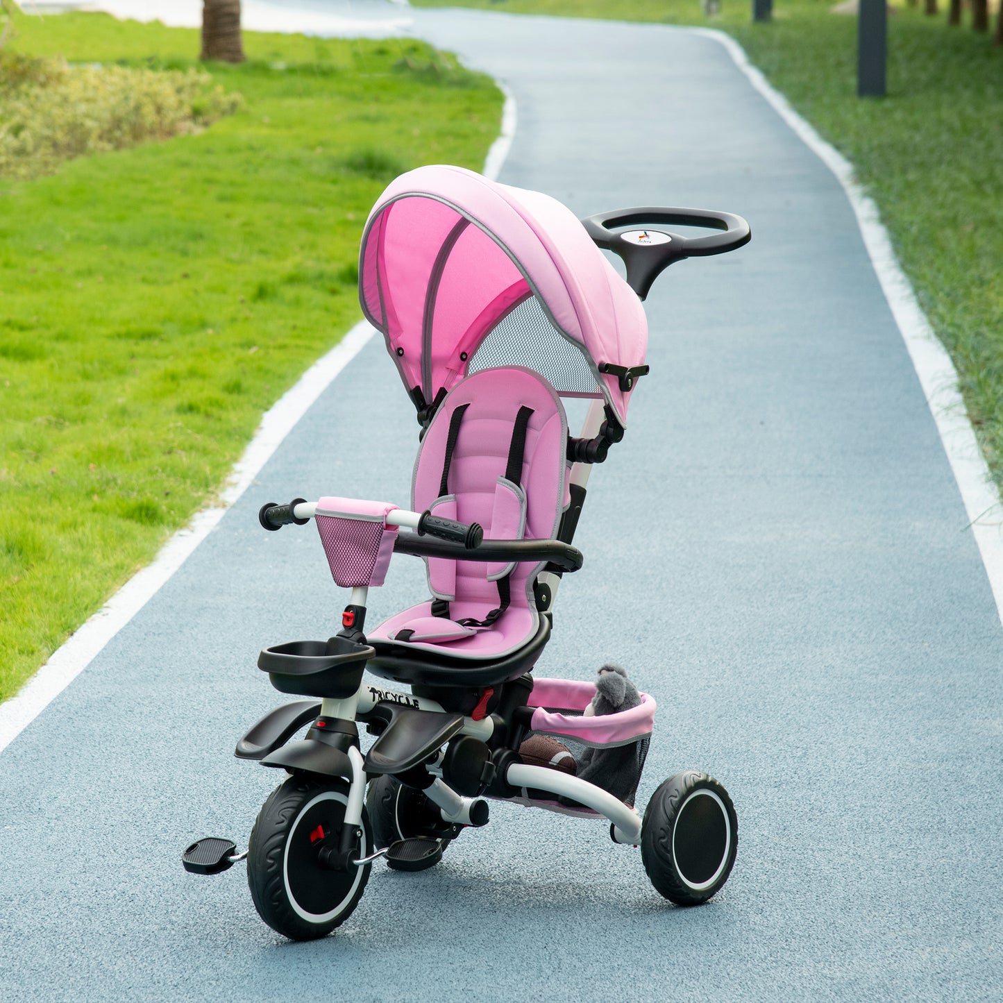 Aosom Tricycle for Toddler 6-in-1 Kids Trike, Foldable Converts Stroller to Baby Push Bike, Adjustable Backrest with Detachable Guardrail & Handle, Brake for 1-4 Years Old, Pink