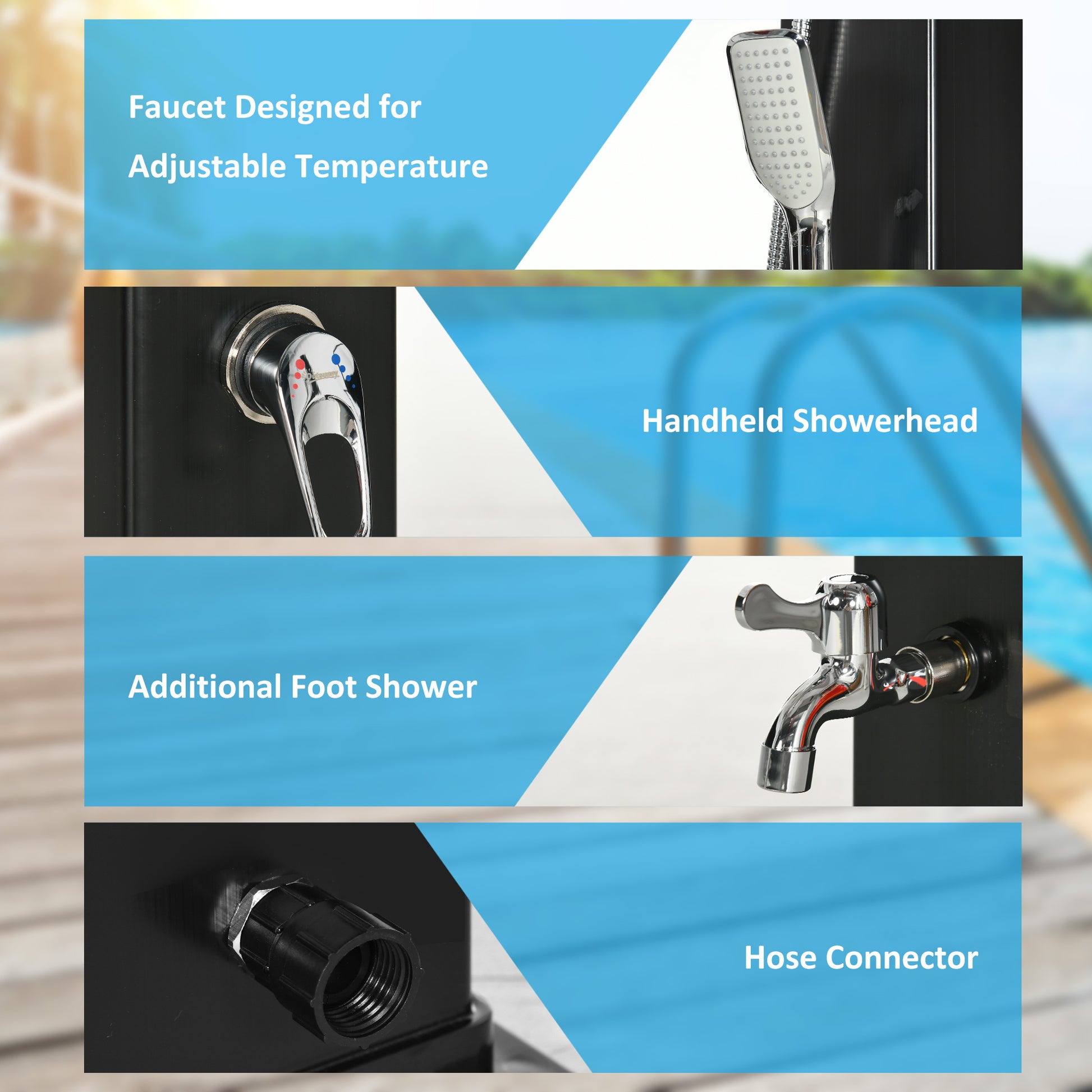 10.6Gal Outdoor Solar Shower w/ 360 Rainfall, Handheld Head, 60℃ Temperature Adjustment for Backyard Poolside Beach Spa