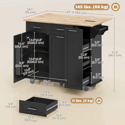 Kitchen Island on Wheels with Wood Drop Leaf, Charging Station, Rolling Kitchen Cart with Adjustable Shelf, Black