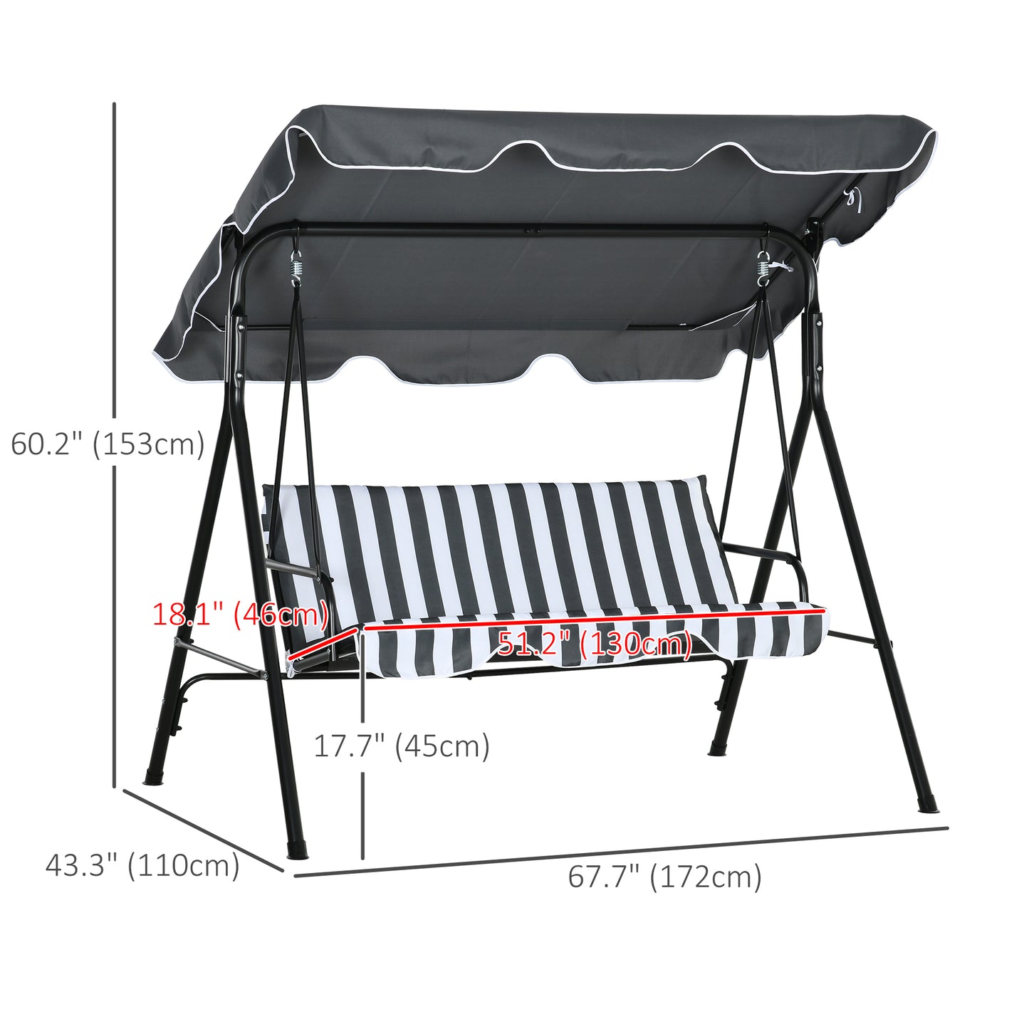 3-Seater Outdoor Porch Swing with Adjustable Canopy, Patio Swing Chair for Garden, Poolside, Backyard, Grey and White