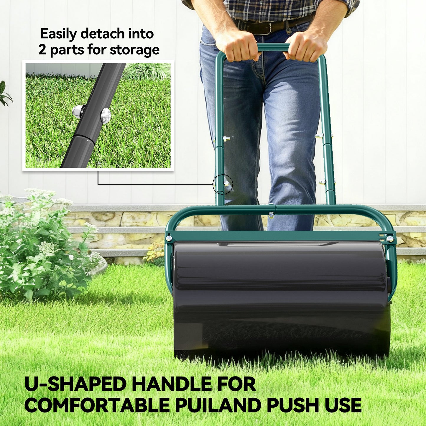 Heavy Duty Lawn Roller, 20" Push/Tow Behind Sod Roller, Grass Flattener Filled with 11gal Water/136lbs Sand, Green