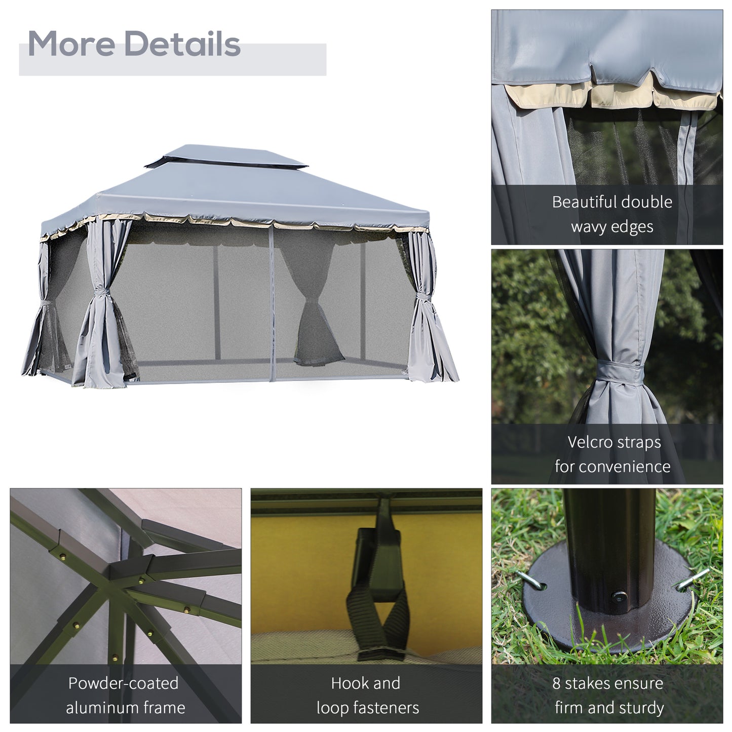 13' x 10' Patio Gazebo Canopy with 2-Tier Polyester Roof, Vented Mesh Sidewall & Strong Aluminum Frame, Grey