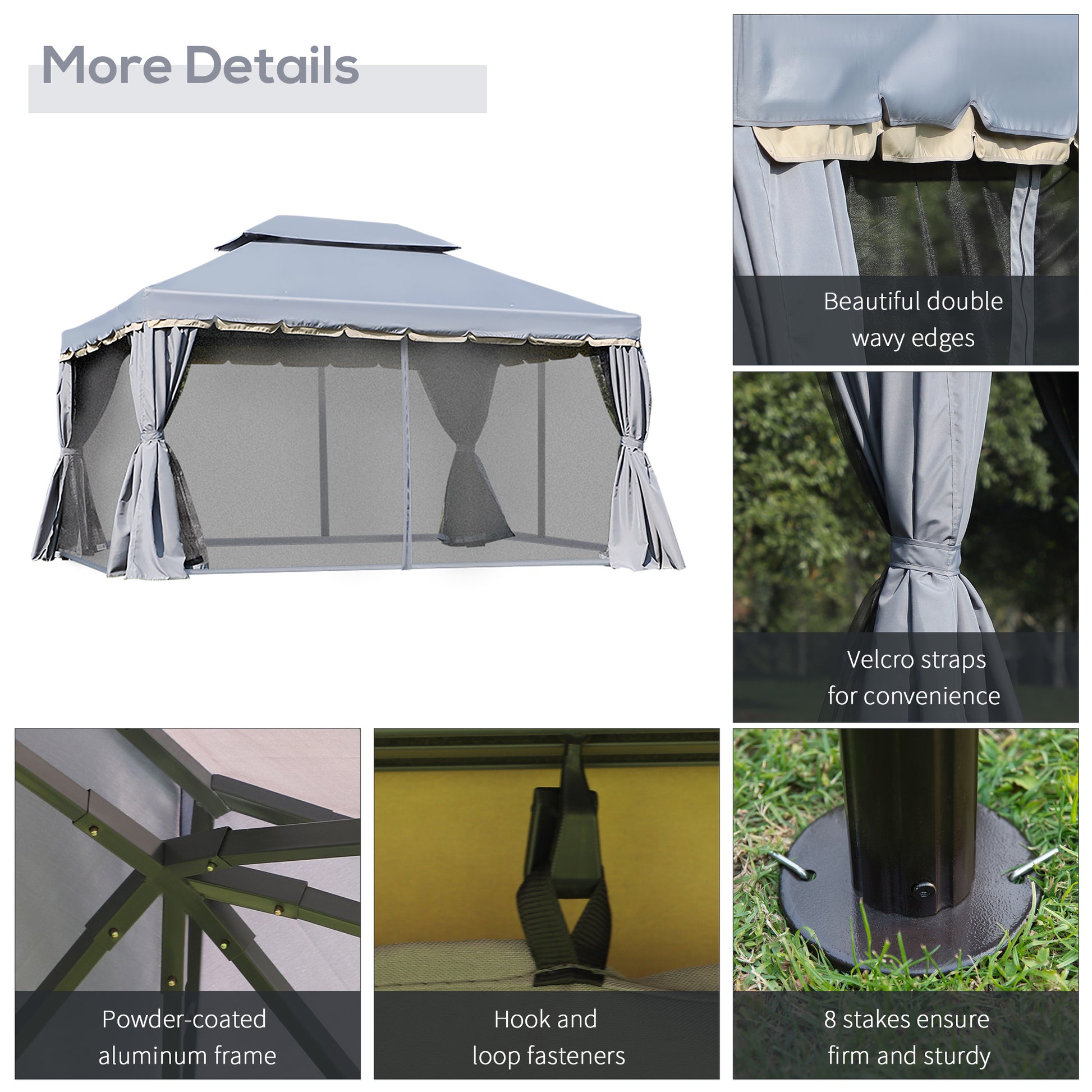 13' x 10' Patio Gazebo Canopy with 2-Tier Polyester Roof, Vented Mesh Sidewall & Strong Aluminum Frame, Grey