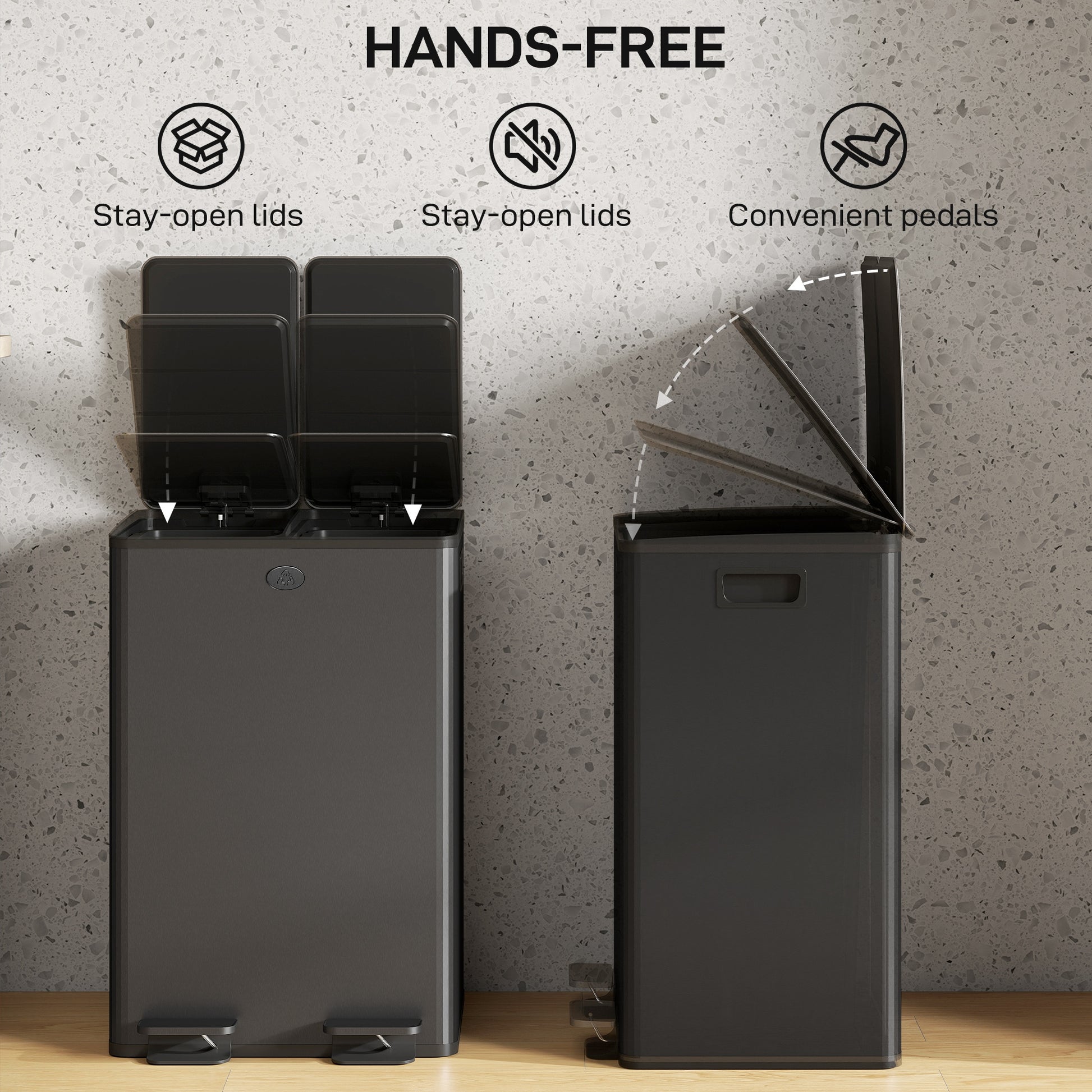 Dual Garbage Bin, Soft-Close Trash Can with Foot Pedal, 2 x 28 Liter Garbage Can with Removable Inner Buckets, Black