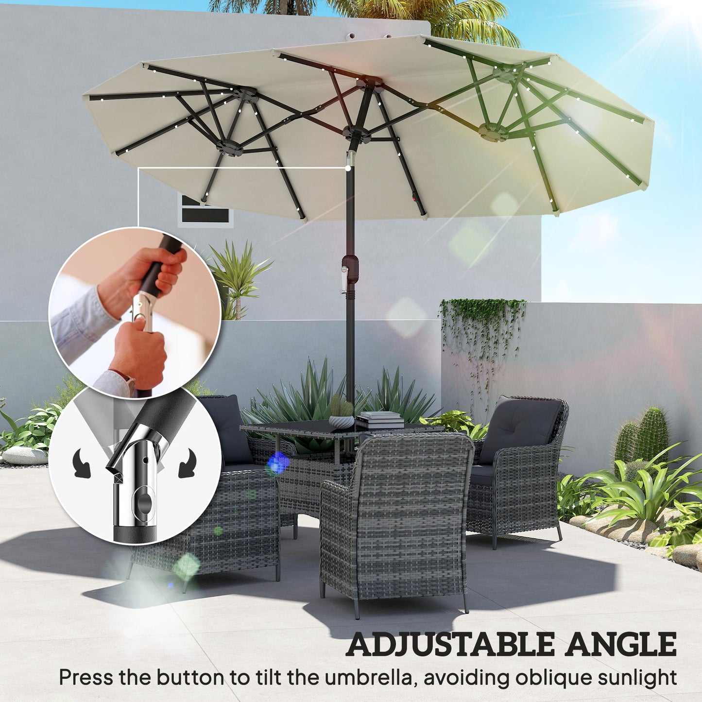 10ft Double-Sided Patio Umbrella with 35 LED Lights, 12 ribs, Extra Large Outdoor Parasol with Twin Canopy, Beige