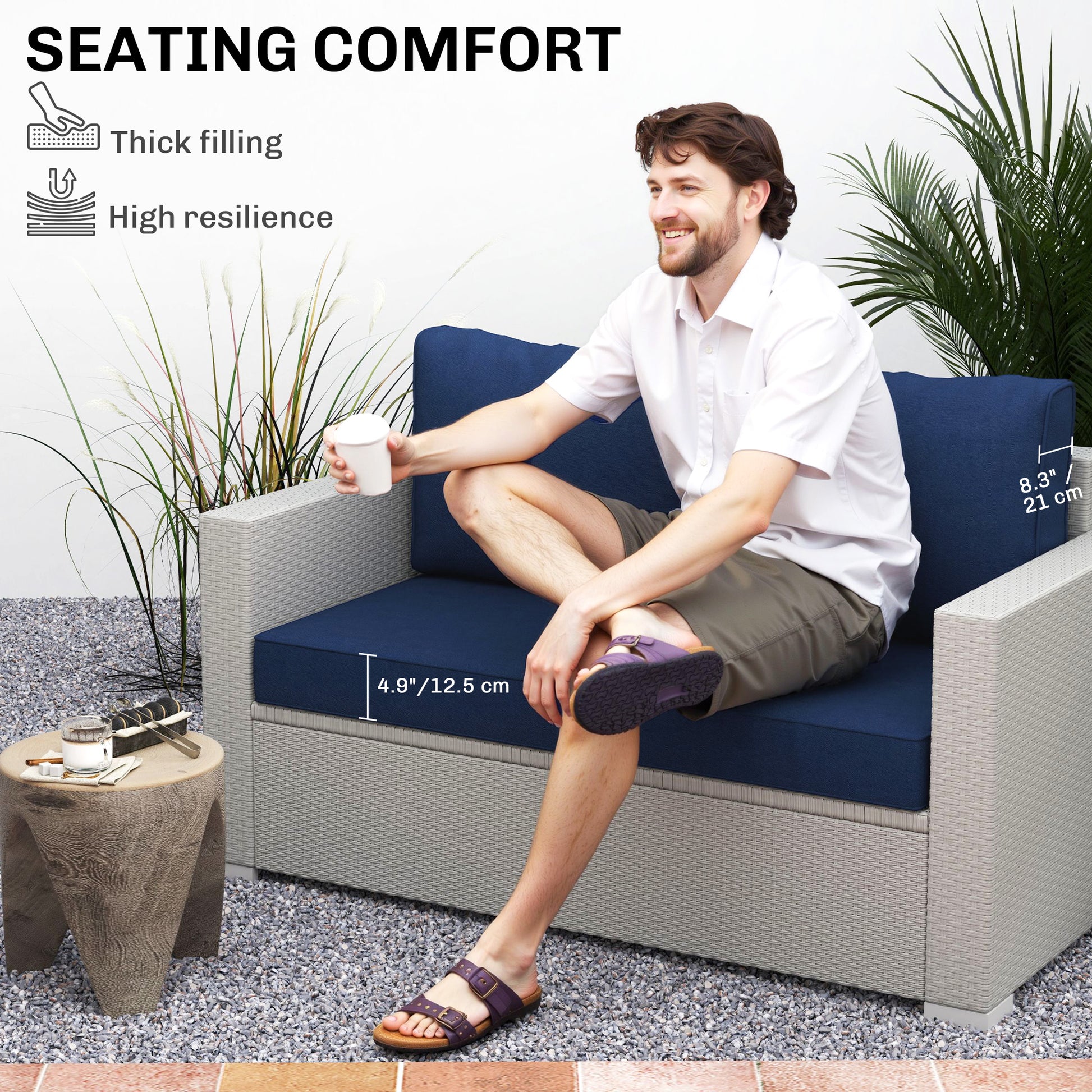 Outdoor Seat Cushions with Backrest, Loveseat Double Sofa Outdoor Furniture Cushions, Navy Blue
