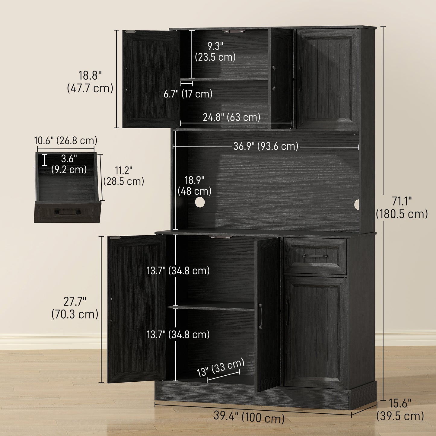 71" Pantry Cabinet with Charging Station, Kitchen Storage Cabinet with Microwave Stand, Adjustable Shelves, Black
