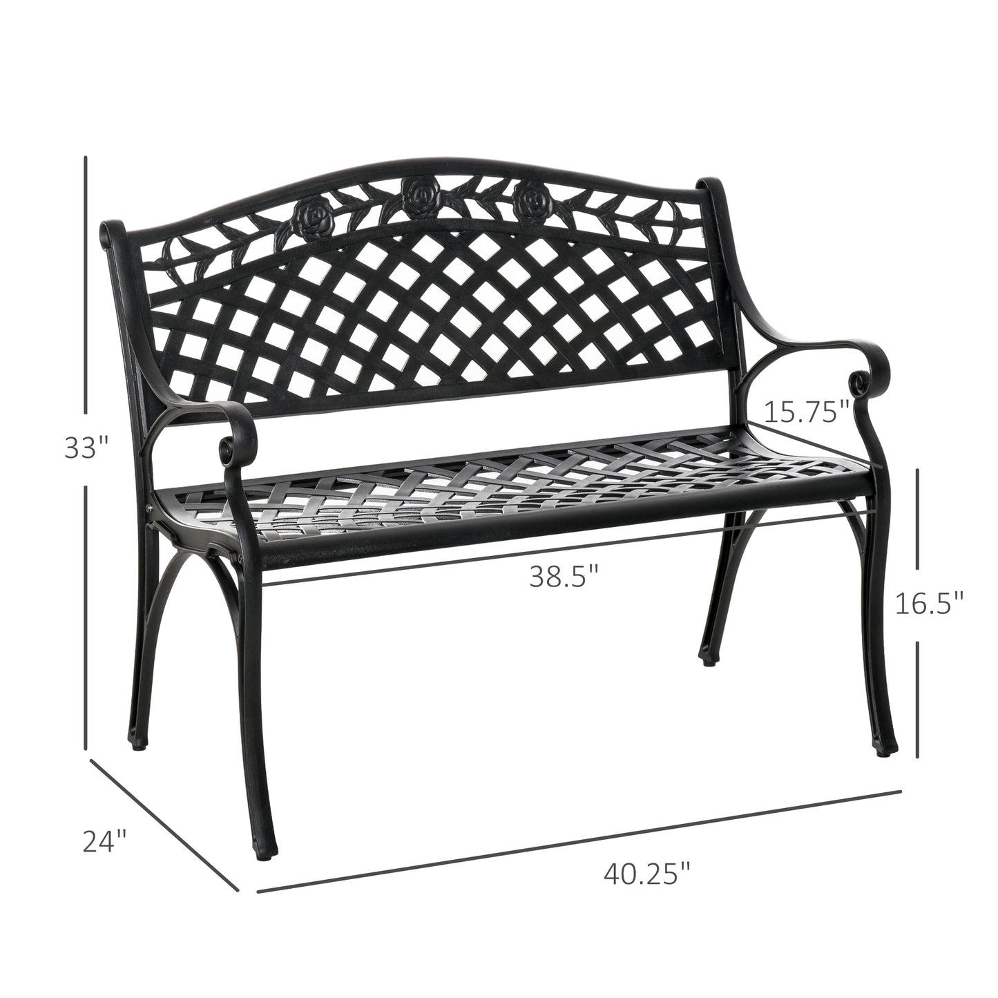Outdoor Garden Bench, 40" Patio Bench with Aluminum Frame and Armrests, 2-Person Patio Loveseat with Floral Pattern for Park, Porch, Yard, Lawn, 485 LBS Capacity