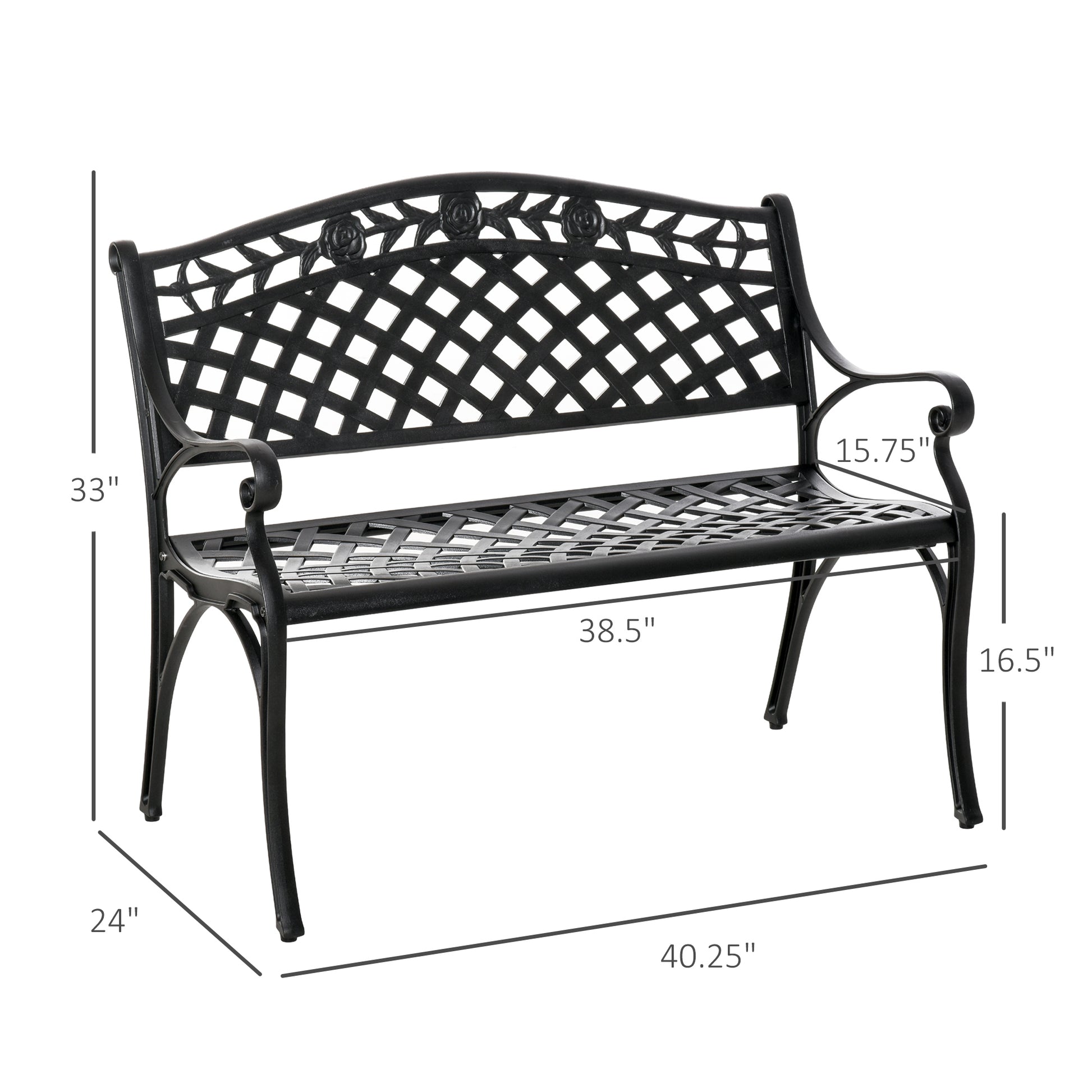 Outdoor Garden Bench, 40" Patio Bench with Aluminum Frame and Armrests, 2-Person Patio Loveseat with Floral Pattern for Park, Porch, Yard, Lawn, 485 LBS Capacity