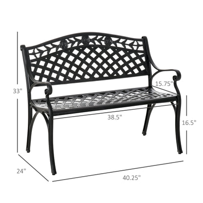 Outdoor Garden Bench, 40" Patio Bench with Aluminum Frame and Armrests, 2-Person Patio Loveseat with Floral Pattern for Park, Porch, Yard, Lawn, 485 LBS Capacity