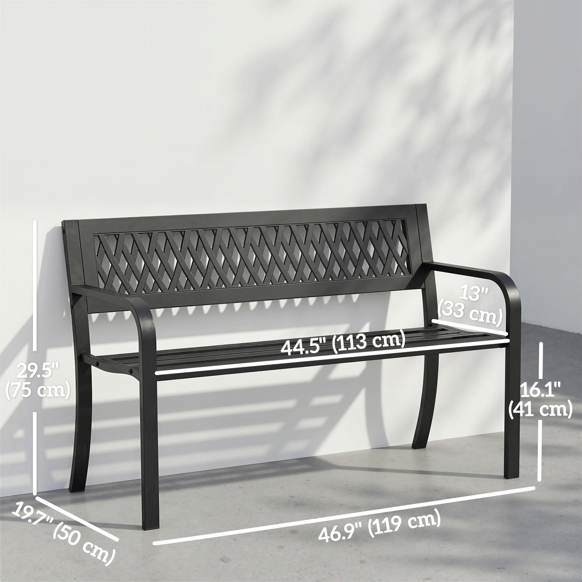 Outdoor Bench with Floral Backrest 2 Seater Garden Bench with Armrests for Yard Park Balcony Black