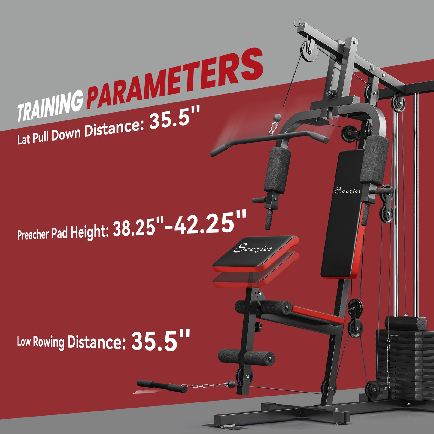 Soozier Home Gym Equipment Weight Training Machine, Multifunction Workout Machine with 143lbs Weight Stack for Full Body Workout and Strength Training, Red