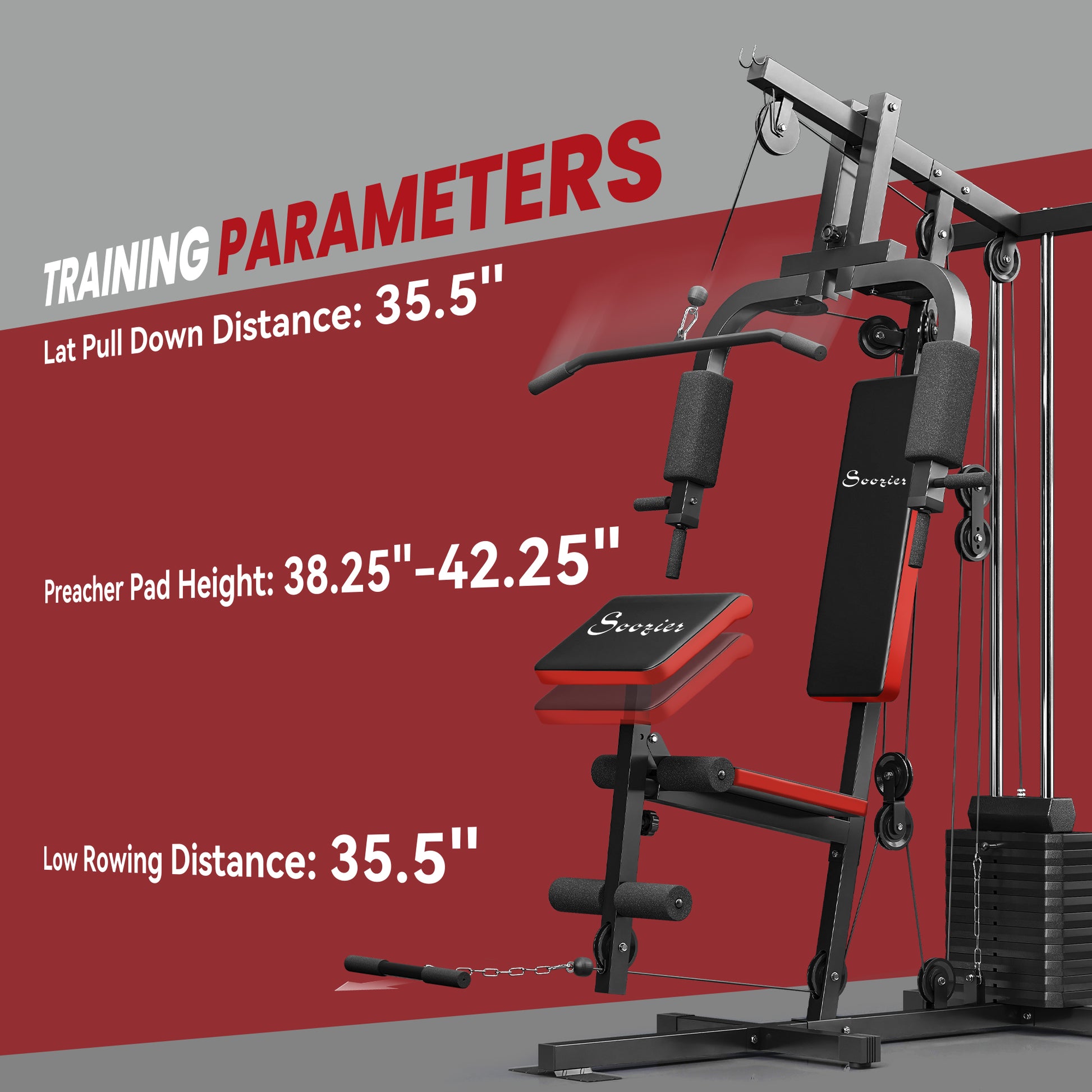 Soozier Home Gym Equipment Weight Training Machine, Multifunction Workout Machine with 143lbs Weight Stack for Full Body Workout and Strength Training, Red