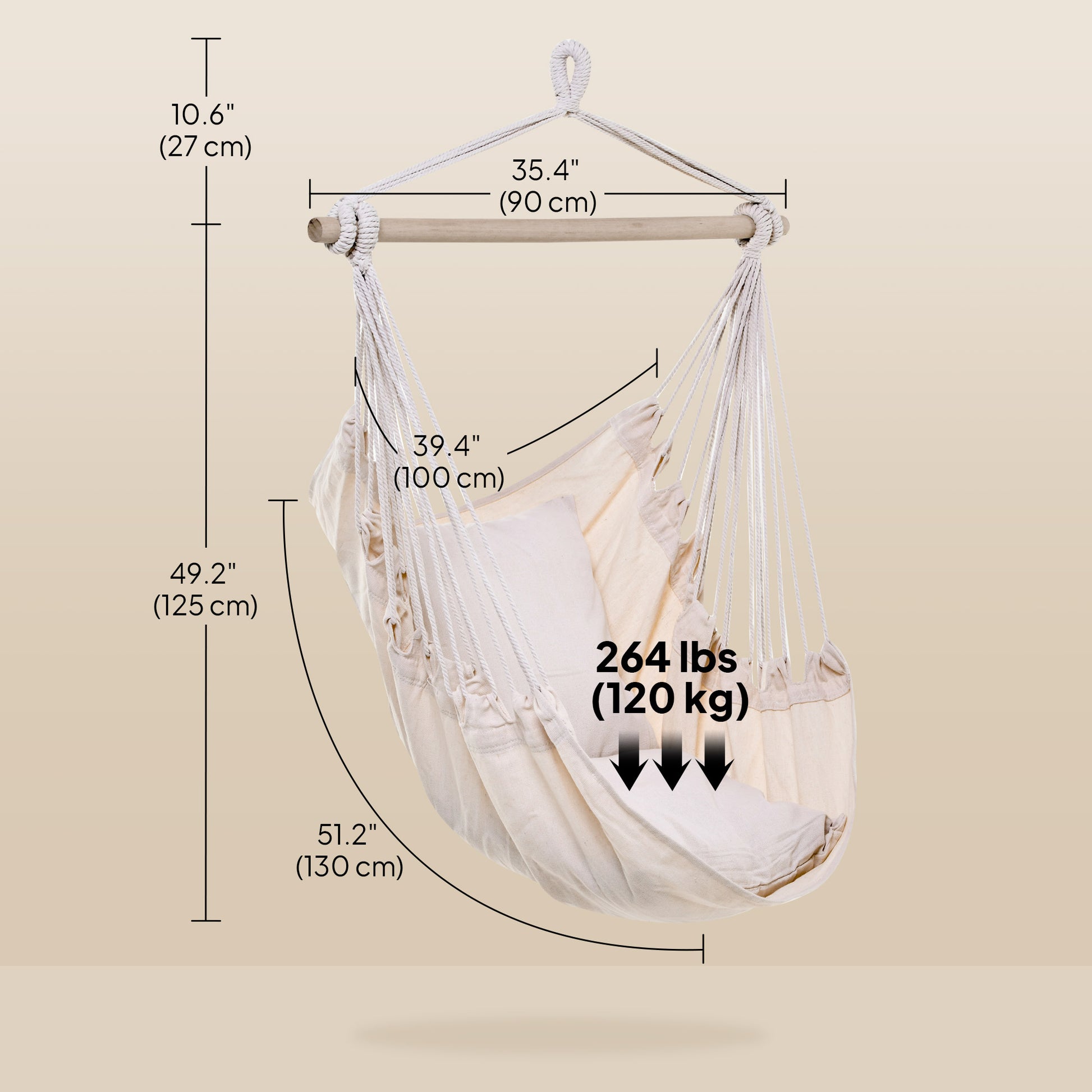 Hammock Chair Swing Hanging Macrame Chair Cotton w/ Two Soft Seat Cushions, for Bedroom Indoor Outdoor Ideal Gift for Kids Lover Birthday Present White